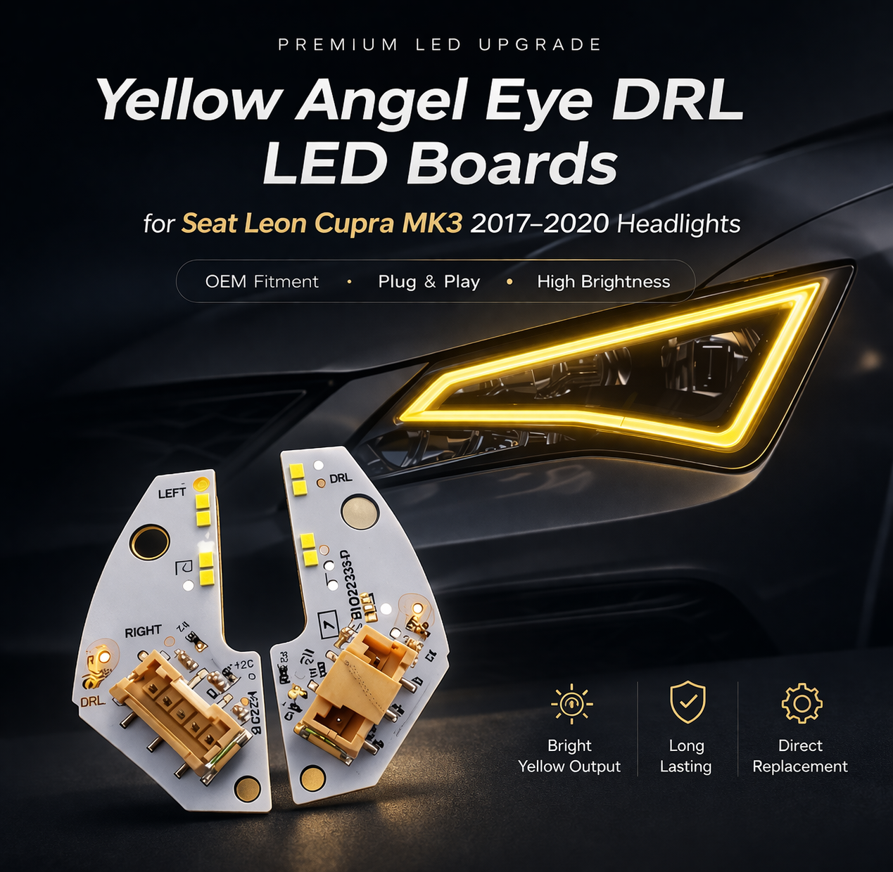 Yellow Angel Eye DRL LED Boards for Seat Leon Cupra MK3 (2017–2020)