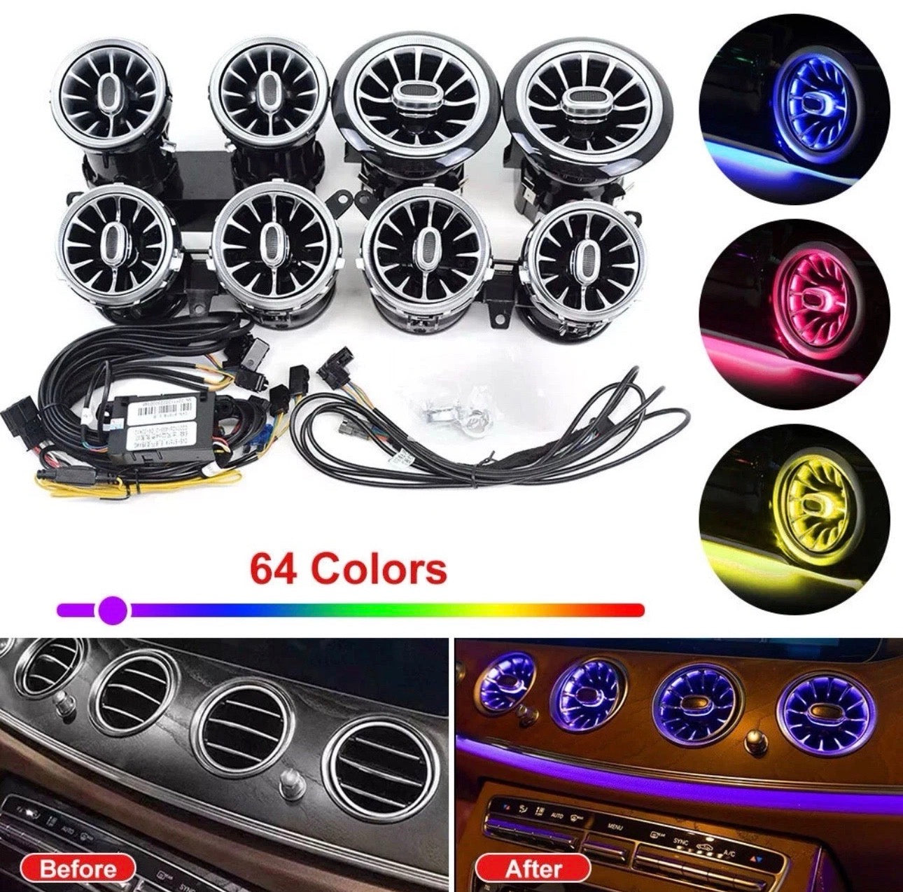 64-Color Ambient Air Vent Light Kit for Mercedes E-Class W213 (2016–2023, Front & Rear)