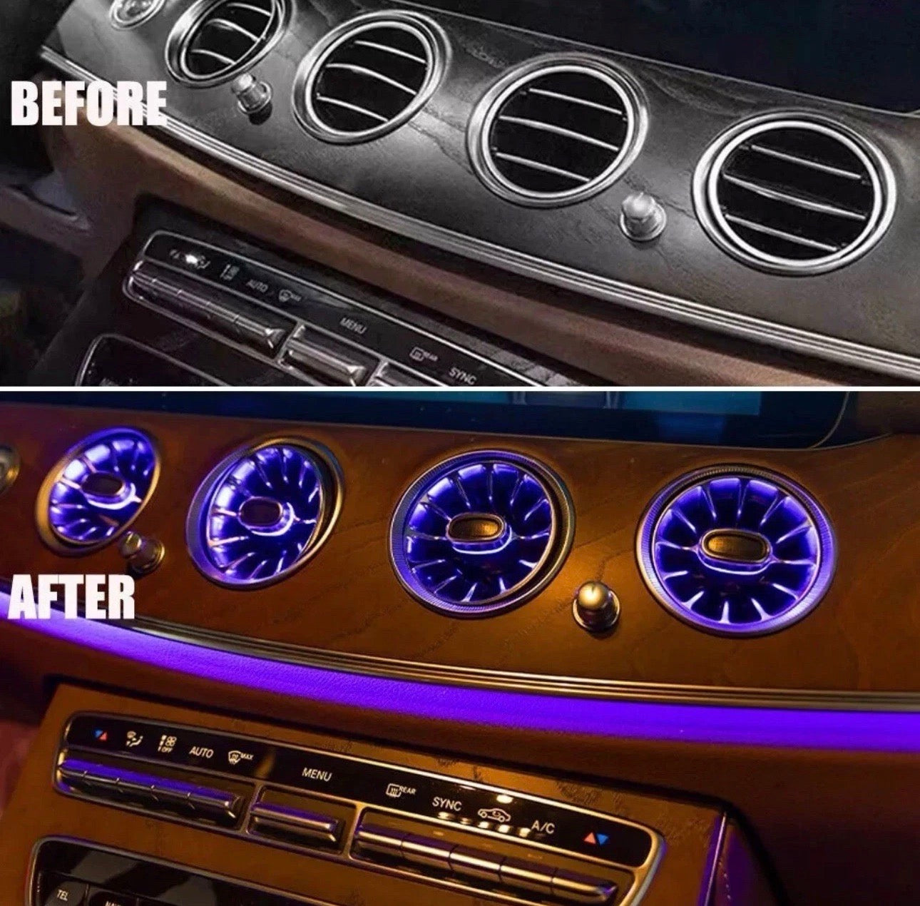 64-Color Ambient Air Vent Light Kit for Mercedes E-Class W213 (2016–2023, Front & Rear)