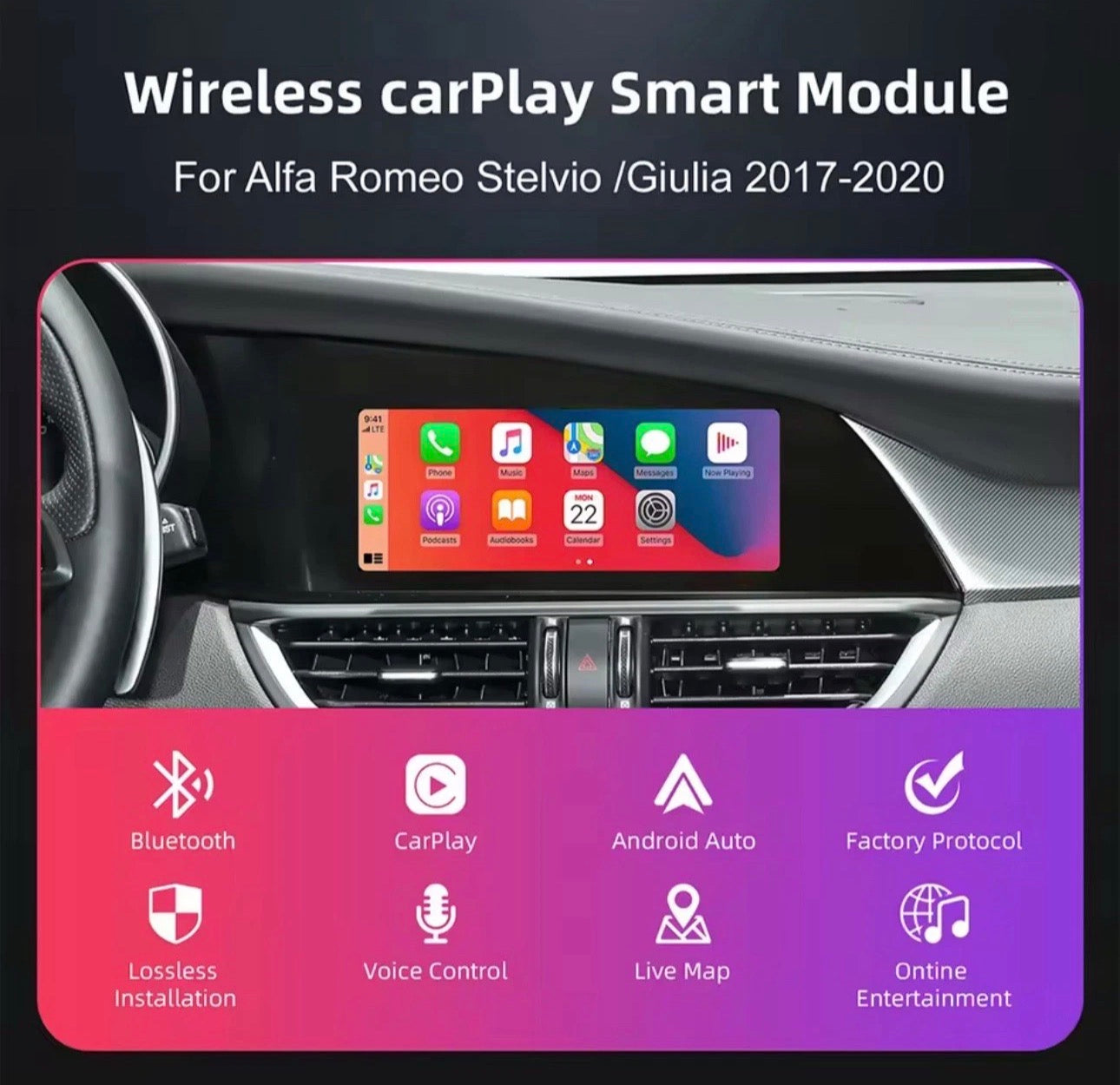Wireless Apple CarPlay & Android Auto Upgrade Module for Alfa Romeo Giulia & Stelvio (2017–2020)