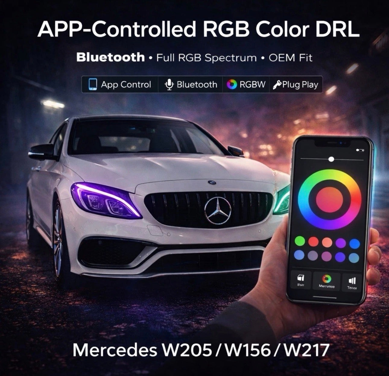 RGB DRL LED Modules with App Control for Mercedes W205, W217 & W156 (C-Class, S-Class, GLA, 2015–2020)