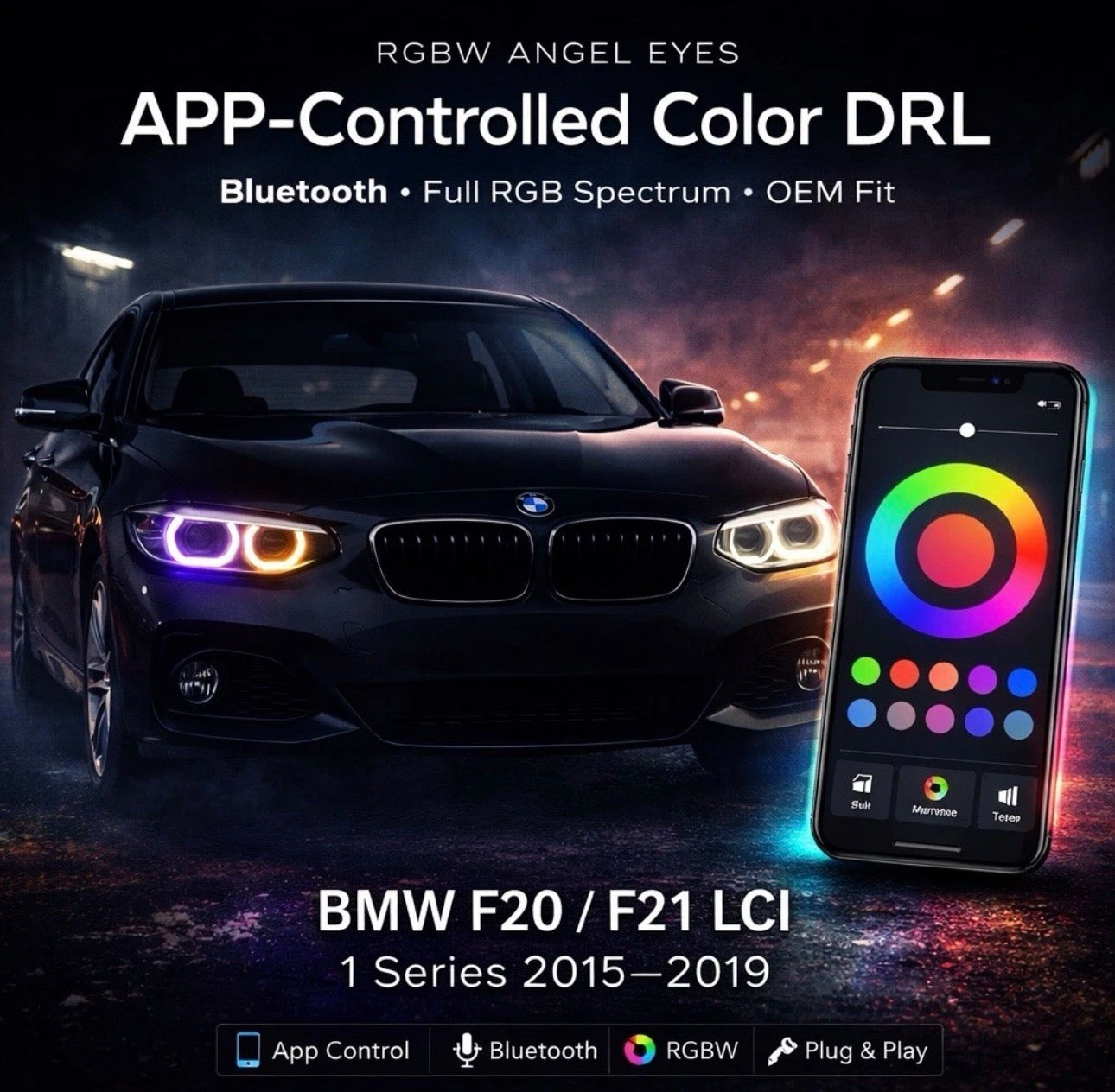 RGBW DRL LED Modules with App Control for BMW F20 & F21 1 Series (LCI, 2015–2019)